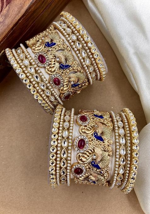 Gold Kundan Peacock Metal Bangle Set