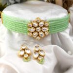 Kundan Chunky Pendant Mint Green Beads Choker Necklace Set
