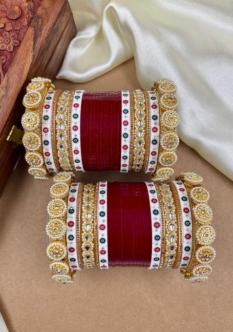 Red Punjabi Chuda Metal And Plastic Wedding Chuda Bangle Set