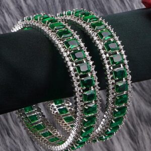 Women Set Of 2 Rhodium Plated Green Stone Bangles
