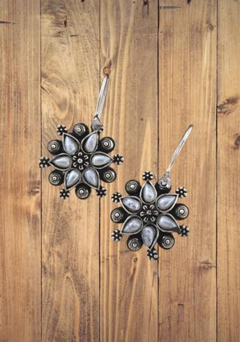 White Stone Floral Oxidised Earrings For Girls