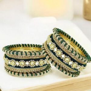 Set Of 10 Gold Plated Green Velvet Silk Thread Chuda Set