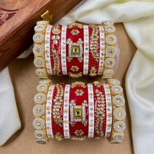 Red Rajwadi Metal And Plastic Wedding Chuda Bangle Set