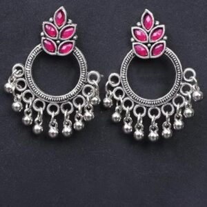 Maroon Leaf Pattern Round Oxidised Earrings For Girls