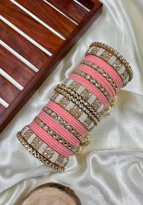 Peach Pink Kundan Metal And Plastic Wedding Chuda Bangle Set