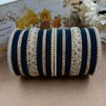 Navy Blue Velvet Metal And Plastic Wedding Chuda Bangle Set