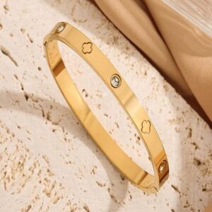 Gold Plated Clover And Zircon Bangle Bracelet