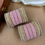 Pink Velvet Dot Metal And Plastic Wedding Chuda Bangle Set