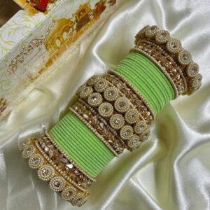 Pista Green Velvet Metal And Plastic Wedding Chuda Bangle Set