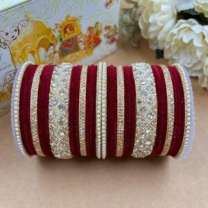 Maroon Velvet Metal And Plastic Wedding Chuda Bangle Set