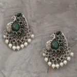 Green Stone Oxidised Peacock Earrings For Women