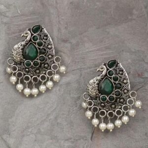 Green Stone Oxidised Peacock Earrings For Women