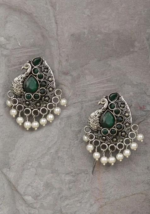 Green Stone Oxidised Peacock Earrings For Women
