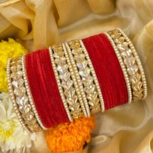 Red Velvet Metal And Plastic Wedding Chuda Bangle Set