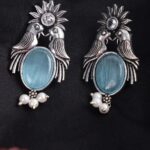 Light Blue Drop Oxidised Bird Earrings For Women