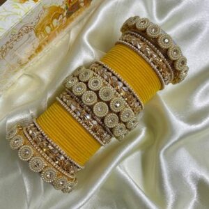 Yellow Velvet Metal And Plastic Wedding Chuda Bangle Set