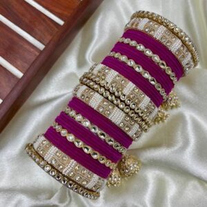 Rani Pink Kundan Metal And Plastic Wedding Chuda Bangle Set