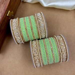 Pista Green Velvet Dot Metal And Plastic Wedding Chuda Bangle Set