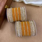 Haldi Yellow Velvet Dot Metal And Plastic Wedding Chuda Bangle Set
