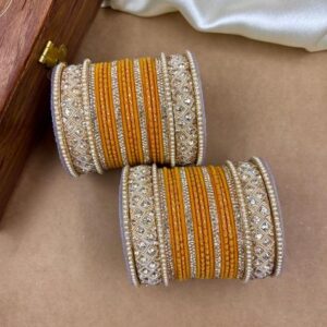 Haldi Yellow Velvet Dot Metal And Plastic Wedding Chuda Bangle Set