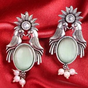 Yellow Stone Bird Earrings With Oxidised Finish