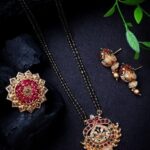 Gold Plated Artificial Stones And Beads Mangalsutra With Earrings And Ring