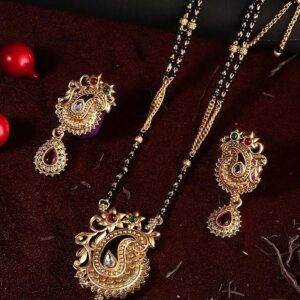 Gold Stones Studded Gold Plated Mangalsutra With Earrings