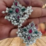 Maroon Green Star Design Oxidised Earrings For Girls