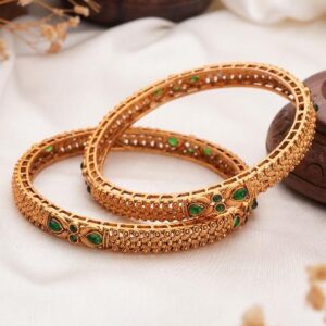 Set Of 2 18K Gold Plated Emerald Gemstones Studded Bangles
