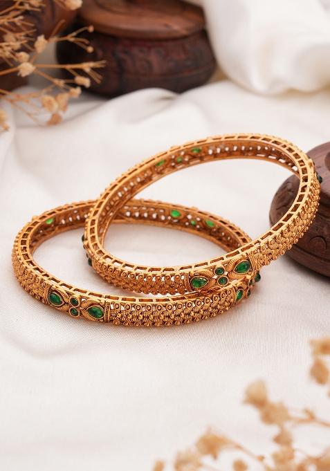 Set Of 2 18K Gold Plated Emerald Gemstones Studded Bangles