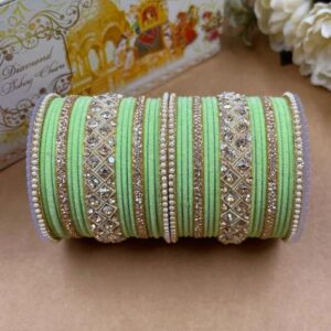 Pista Green Velvet Metal And Plastic Wedding Chuda Bangle Set