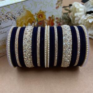 Peacock Blue Velvet Metal And Plastic Wedding Chuda Bangle Set
