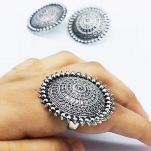 Cocktail Oxidised Earrings With Matching Rings Combo