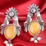 Yellow Stone Oxidised Bird Earrings For Women