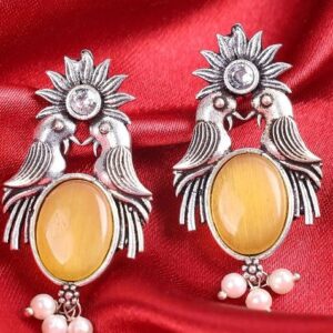 Yellow Stone Oxidised Bird Earrings For Women
