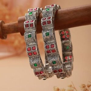 Set Of 2 Silver Plated Stones Studded Oxidized Bangles