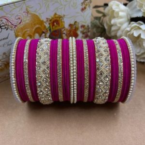 Rani Pink Velvet Metal And Plastic Wedding Chuda Bangle Set