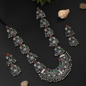 Silver Oxidised Finish Meenakari Jewellery Set