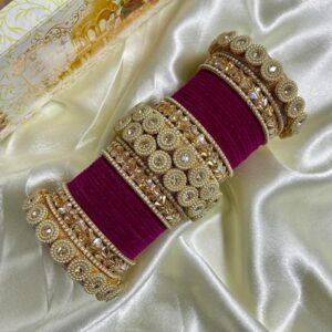 Rani Pink Velvet Metal And Plastic Wedding Chuda Bangle Set