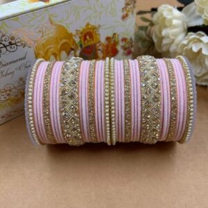Baby Pink Velvet Metal And Plastic Wedding Chuda Bangle Set