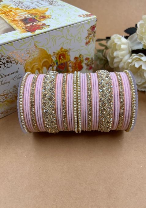 Baby Pink Velvet Metal And Plastic Wedding Chuda Bangle Set