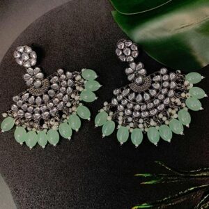 Ethnic Stylish Silver Oxidised Kundan Pearl Chandbali Earrings