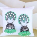 Ethnic Silver Oxidised Traditional Mint Kundan And Stone Jhumka Earrings