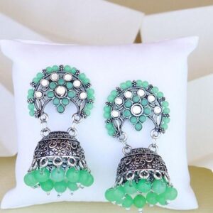 Ethnic Silver Oxidised Traditional Mint Kundan And Stone Jhumka Earrings