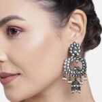 Ethnic Silver Oxidised Traditional Kundan And Stone Jhumka Earrings