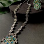 Navratri Ethnic Silver Oxidised Peacock Feather Ghungroo Long Necklace Jewellery Set