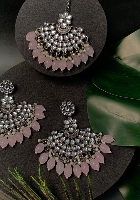 Ethnic Stylish Silver Oxidised Kundan Pearl Chandbali Earrings With Maang Tikka Set