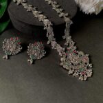 Navratri Ethnic Stylish Silver Oxidised Radha Krishna Design Long Necklace Jewellery Set