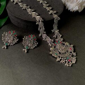 Navratri Ethnic Stylish Silver Oxidised Radha Krishna Design Long Necklace Jewellery Set