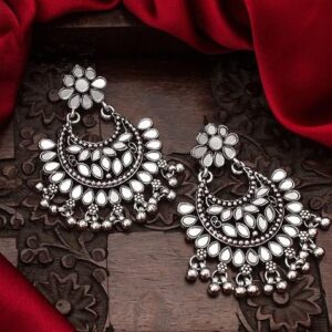 Silver Silver Toned And Plated Oval Ad Studded Chandbalis Mirror Earrings